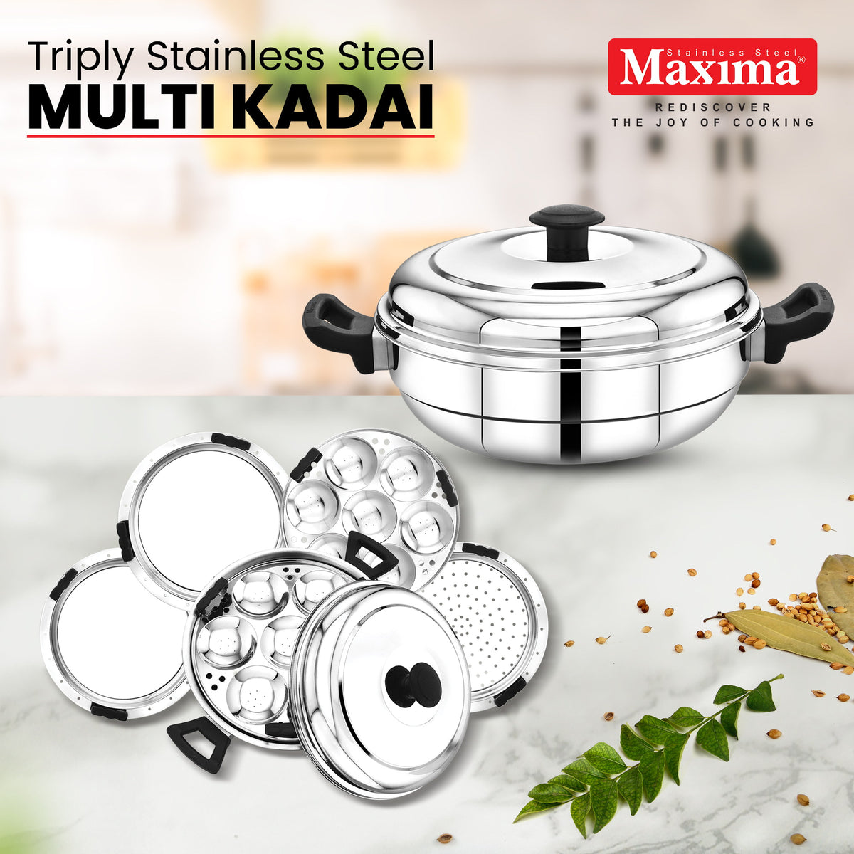 Maxima Triply Stainless Steel Kadai with Lid (Induction Friendly