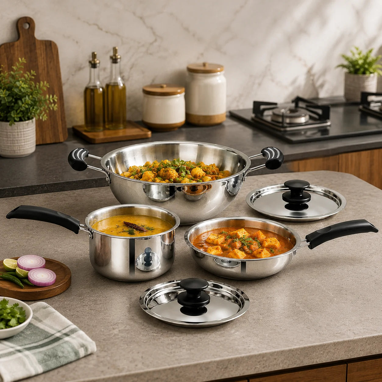 Maxima Triply Stainless Steel 5 Pcs Set (Kadai 22cm, Fry pan 22cm, Saucepan 16cm)
